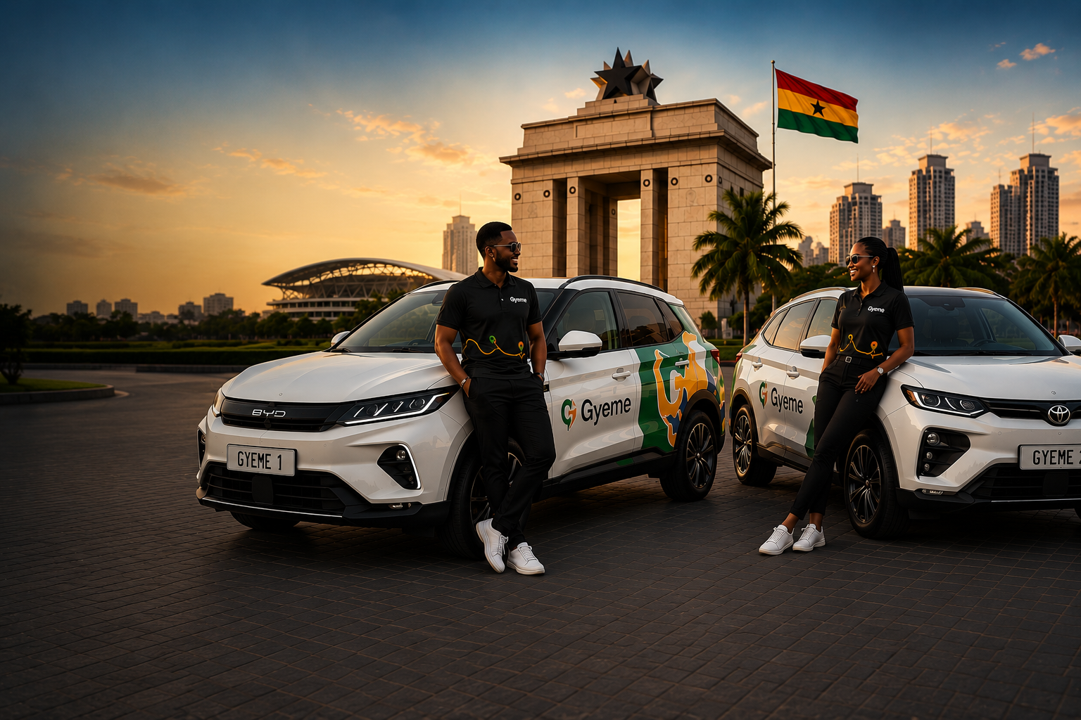 Two Gyeme-wrapped EVs in front of Black Star Square arch in Accra